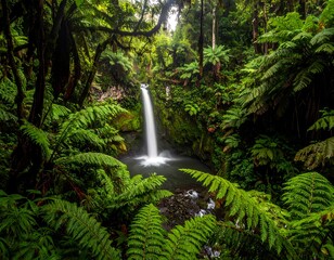 Lush rainforest scene showcasing a waterfall cascading into a tranquil pool