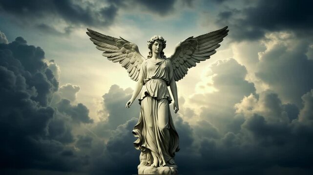 Stone angel statue with large wings against a dramatic cloudy sky