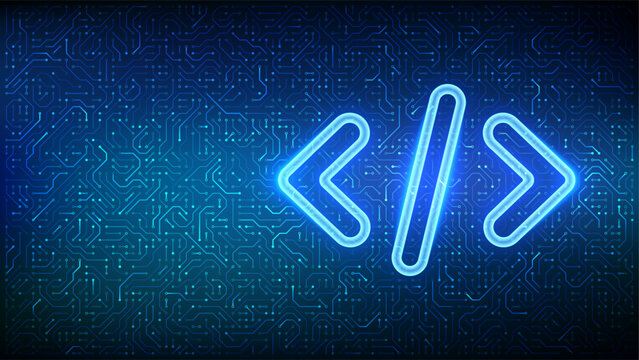 Programming code. Source code. Programming code icon on circuit board pattern background. Coding brackets symbolizing programming, software engineering. Coding, hacker background. Vector illustration.