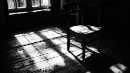 Dark room with sunlit wooden floor, a chair sits in a beam of light near a window