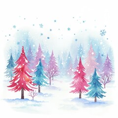 Naklejka premium Winter forest landscape with Christmas trees and snow. Watercolor illustration for holiday greeting card design for print, poster, book, banner, card, flyer with place for text. 