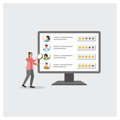 Fototapeta premium Businessman Analyzing Online Reviews On A Large Monitor With Star Ratings And User Profiles.