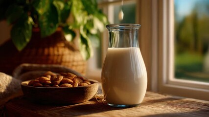 Homely scene with a glass milk bottle and bowl of nuts on a wooden table next to an open window.