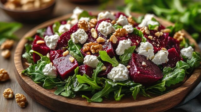Fresh arugula salad with roasted beets, walnut pieces, and crumbled goat cheese served on a wooden plate with scattered walnuts around, evoking a healthy and appetizing feeling