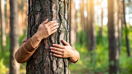 Person embracing a pine tree in a serene sunlit forest, showing connection, eco-consciousness and environmental awareness, promoting sustainability.