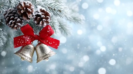 Golden Christmas bells with red bows hanging on snow-covered pine branches decorated with frosted pine cones in a festive winter holiday scene - Powered by Adobe