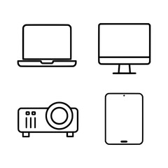 Minimal Outline Icons of Laptop, Desktop, Projector, and Tablet