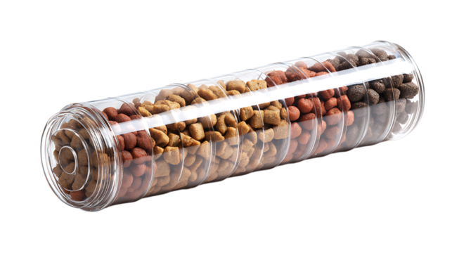 Dry cat food in a transparent glass tube isolated on transparent background