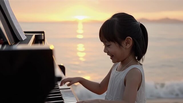 Smiling Little Asian Girl Playing Piano by the Sea at Sunset, warm and serene atmosphere filled with music and happiness.
