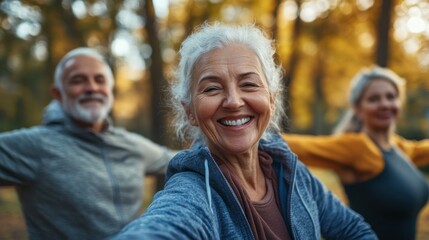 Naklejka premium Joyful seniors engaging in outdoor exercise forest setting lifestyle photography natural environment positive energy
