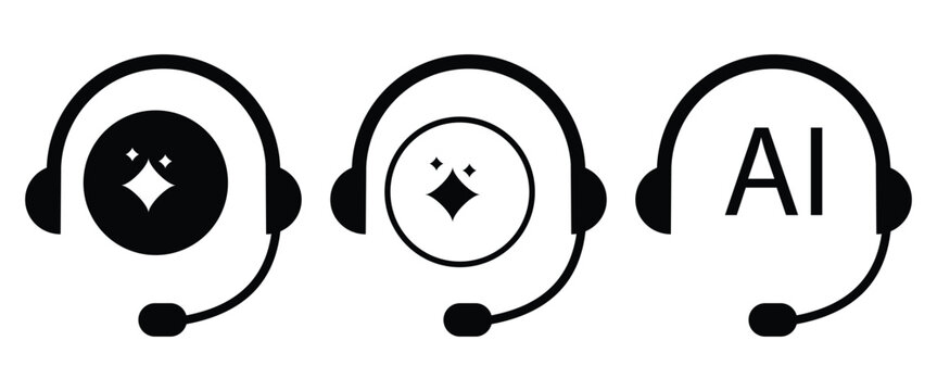 AI Customer Service Icon Set &ndash; Virtual Support, Chat Headphone, Contact Assistance, Vector and Transparent PNG Illustration