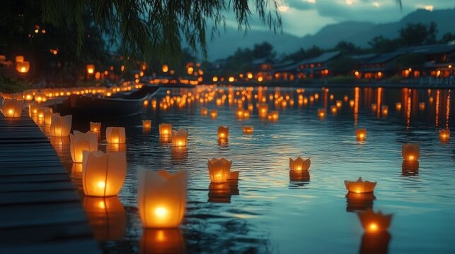 Glowing lanterns floating on calm water near wooden dock at dusk with reflections and soft ambient light in serene riverside setting