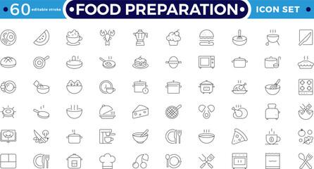 Food preparation outline icon set. Vector illustration containing kitchen utensils, cookware, cooking tools, cutlery, meal prep, chef equipment, and dining elements. Editable stroke outline icon. 
