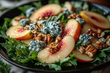Fresh salad with leafy greens, ripe peach slices, blue cheese crumbles, and walnut pieces on a black plate