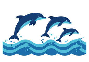 Obraz premium Three Blue Dolphins Leaping Over Ocean Waves Illustration.