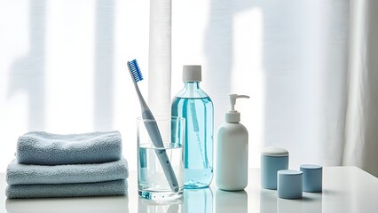Bathroom counter essentials for oral hygiene toothbrush in glass with water, minty mouthwash bottle, dispenser, and folded towels