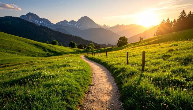 Winding Dirt Path Through Green Field Towards Distant Mountains - Powered by Adobe