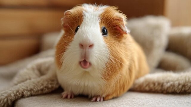 Close up of a guinea pig with orange and white fur sitting on a beige textured surface looking forward
