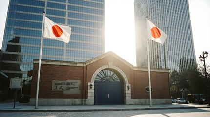 Japanese flags wave in wind against modern glass skyscrapers in city downtown