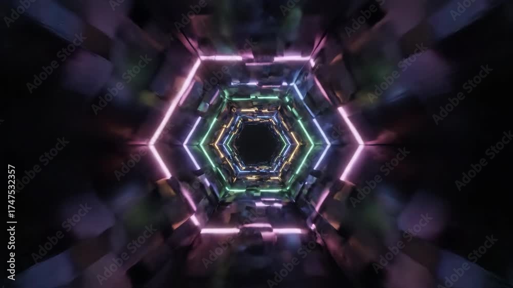 Wall mural pulsating seamlessly looping abstract rainbow hexagon tunnel with vivid neon colors fluid, pulse, ex
