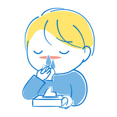 風邪またはアレルギー症状のため鼻水が止まらず困っている男の子