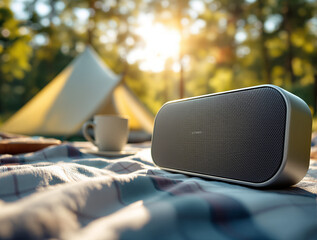 Portable Bluetooth speaker on wooden table at night campsite with tents and warm lights, concept of outdoor music and relaxation.