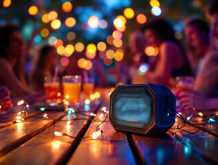 Wireless speaker on picnic blanket near tent and coffee cup in morning sunlight, outdoor leisure and relaxation lifestyle concept.