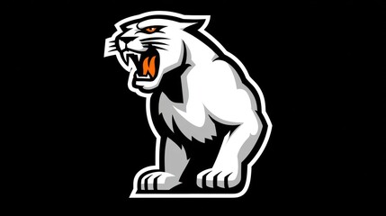 Animated white panther roaring, dark outline, with striking orange eyes and open mouth
