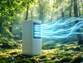 Smart air purifier in lush green forest emitting clean air, concept of eco-friendly technology and fresh environment innovation.