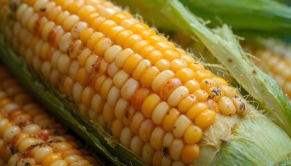 Fresh Bi-Color Sweet Corn on the Cob with Green Husk, Close-up Macro