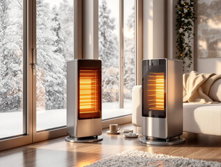 Smart space heater and cup of tea on cozy windowsill with snow outside, Christmas lights and warm winter comfort indoors.