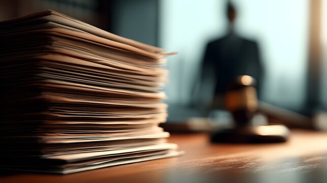 Pile of Documents in Office with Blurred Figure and Gavel Background