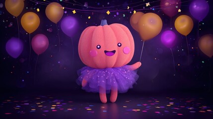 Cute pumpkin character in a tutu celebrates with balloons and confetti.