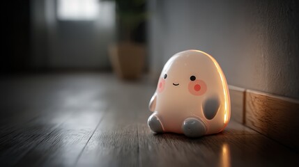 Adorable, cartoon-like creature illuminated with a soft glow, featuring a friendly expression with blush on its cheeks, sits on a wooden floor with gentle lighting and a blurred background, exuding...