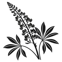Stylized black and white illustration of a lupine flower