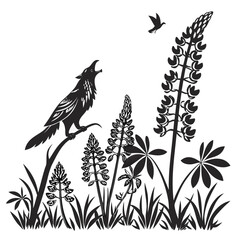 Wolf howling at the moon with lupine flowers and a bird