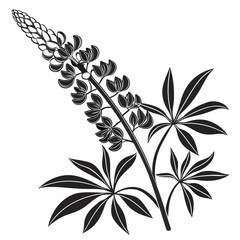 Stylized black and white lupine flower with leaves