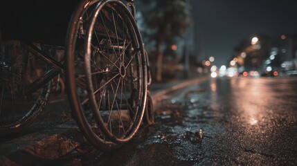 Wheelchair rests on a rain-slicked street at night, with illuminated streetlights reflecting across the wet asphalt and a shallow depth of field creating a moody, atmospheric scene, depicting urban...