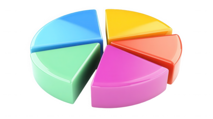 A colorful pie chart with five segments isolated  in a studio shot on transparent background