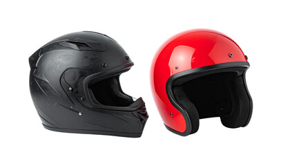 Set of Full Face Motorcycle Racing Helmets in Black and Red Isolated on White Background