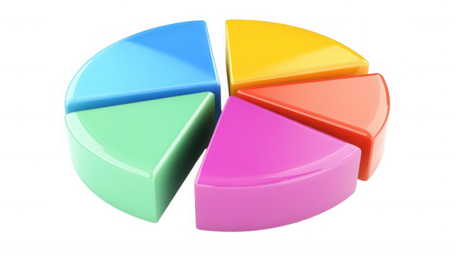 A colorful pie chart with five segments isolated  in a studio shot on transparent background
