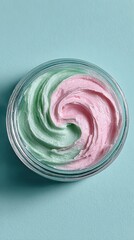 Mint Leaf Color Makeup Cream with Pink Makeup and Skincare Products. Flat Lay Display for Beauty and Fashion.