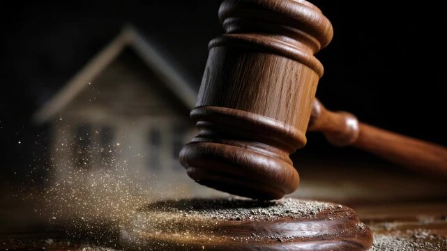 A gavel symbolizing law and justice is used to break a cinder block, which may be seen as a metaphor for demolishing obstacles