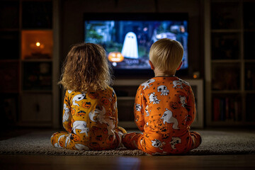Two children in Halloween-themed pajamas watching spooky movie on TV in cozy living room with warm evening light
