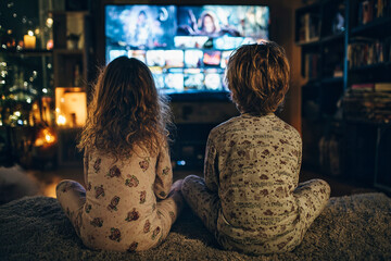 Two children in cozy Halloween pajamas watching spooky movie on TV in a dimly lit living room with warm evening light