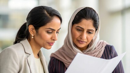 Two Indian women discussing joint project details — verifying printed materials and coordinating upcoming assignments