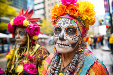 Woman with colorful Día de los Muertos face paint and flower crown participating in a vibrant city parade