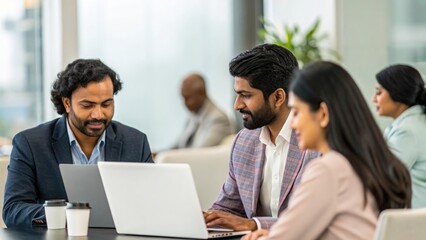 Obraz premium Group of Indian professionals discussing digital marketing plans — meeting in modern office with laptops and candid interaction