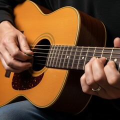 Fototapeta premium Playing Acoustic Guitar with a Pick Close-up Music Performance