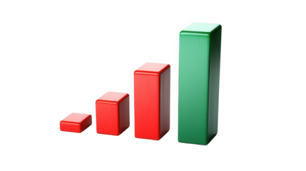 A bar graph with three red bars and one green bar  showing growth trend on transparent background